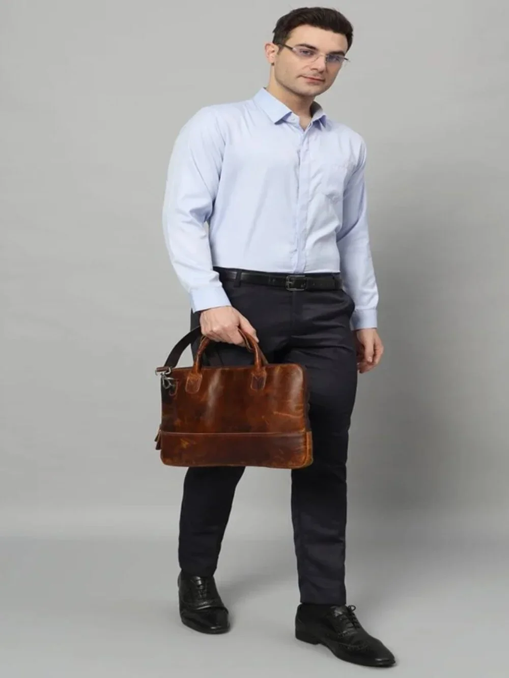 Modernist Leather Laptop Bag- Brown